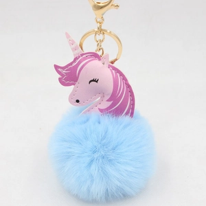 Cute Unicorn Pom Pom Keychain Artificial Plush Fur Ball Bag Charm Sweet PU Leather Animal Pendant Gold Metal Key Ring Gift For Women Girls