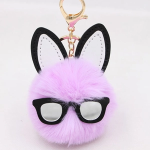 Cute Plush Rabbit Fur Ball Keychain With Glasses Bunny Ears Faux Fur Pom Pom Bag Charm Car Key Ring Decorative Accessories