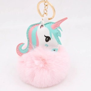 Cute pink faux fur unicorn keychain with golden metal ring for bags and car keys