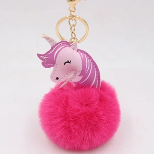 Pink unicorn faux fur pompom keychain with gold-tone hardware for women bags