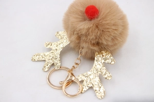 Macro detail of Christmas reindeer plush keychain with khaki pompom and gold sequin antlers