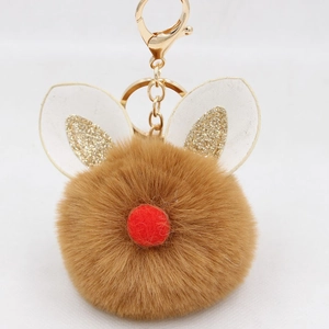Cute Bunny Ear Faux Fur Ball Keychain Gold Electroplated Metal Lobster Clasp Rabbit Ears Plush Key Ring Christmas Gift