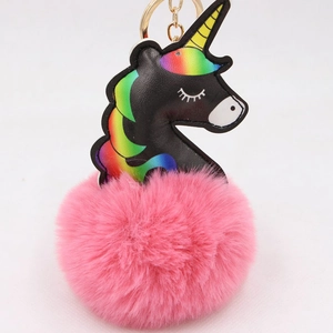 Cute Unicorn Pom-pom Keychain Faux Fur Plush Ball Bag Charm For Women Artificial Leather Animal Key Ring Pendant