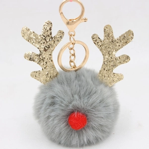 Close-up of reindeer plush ball keychain with grey faux fur and gold glitter antlers