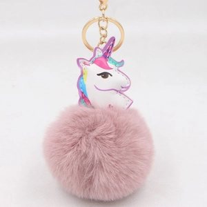 Süße Cartoon Einhorn Kunstfell Schlüsselanhänger Plüsch Bommel Tasche Anhänger Kunstleder Gold Schlüsselanhänger Für Damen