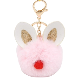 Pink plush bunny ear keychain with golden sequins and lobster clasp for handbags