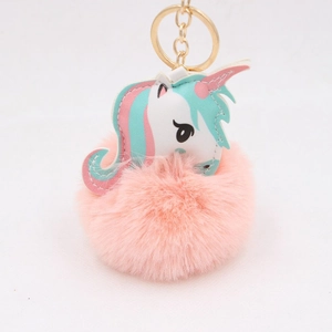 Detail of pink faux fur pompom and colorful faux leather unicorn head keychain hook
