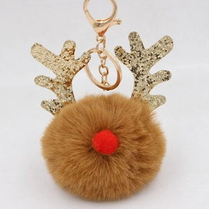 Christmas reindeer keychain with brown faux fur pom pom and golden sequin antlers