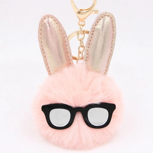 Mignon Porte-clés Tête de Lapin en Peluche Avec Oreilles à Paillettes Lunettes Pendentif Boule de Fourrure Cadeau