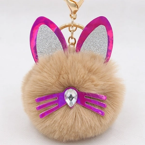 Detail of plush cat keychain with sequined ears and sparkling teardrop crystal accent