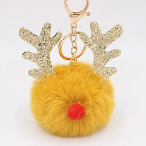 Christmas reindeer faux fur pompom keychain with golden sequined antlers and metal clip