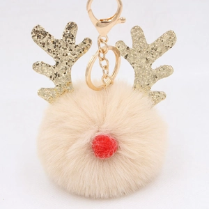 Detail of plush Christmas reindeer pompom keychain with golden sequin antlers