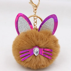 Close-up of brown plush cat keychain with sequin ears and teardrop crystal nose