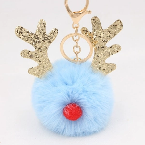 Blue Christmas plush ball keychain with glitter antlers and golden metal lobster clasp