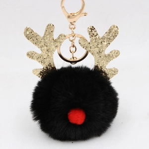 Detail of reindeer faux fur pompom keychain with gold sequined antlers and metal clasp