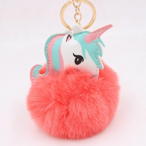 Detailed view of pink faux fur unicorn keychain with gold metal ring and leather accents