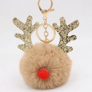 Christmas Reindeer Faux Fur Pompom Keychain Glitter Antlers Red Nose Elk Bag Pendant Keyring Festival Gift For Women Men