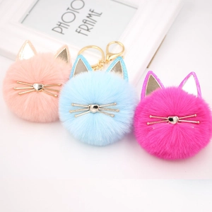 Cute Cat Faux Fur Pom Pom Keychain With Metal Whiskers Heart Nose For Women Bag Charm Key Ring Accessories Gift