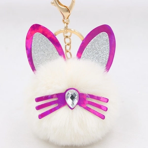 Cute white plush cat keychain with purple sequin ears and gold alloy lobster clasp