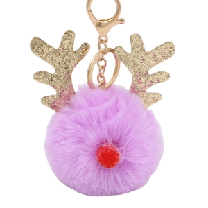 Purple reindeer faux fur pompom keychain with golden sequins antlers and lobster clasp