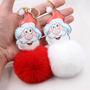 Plush Santa Claus faux fur pompom keychain set with golden ring for bags