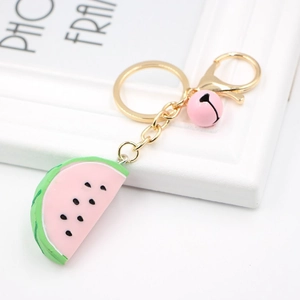 Cute geometric resin watermelon slice keychain with pink bell and golden chain for bags