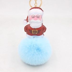 Dettaglio del portachiavi Babbo Natale con pompon in pelliccia blu e anello dorato