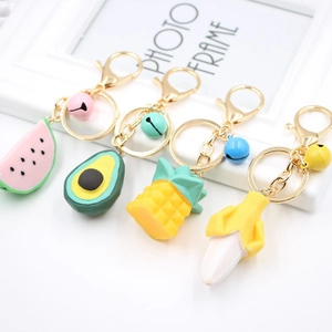 Creative Fruit Resin Keychain Pendant Banana Pineapple Avocado Watermelon Alloy Keyring With Bell For Women Bag Car Decor