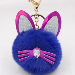 Detail of blue cat plush keychain with sequined ears and a sparkling crystal nose charm