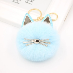 Close-up of light blue plush cat keychain with sequin ears and golden metal rings
