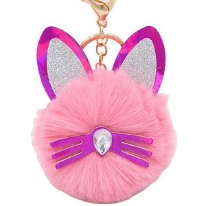 Pink plush cat ears keychain with glitter details and golden metal spring clasp hook