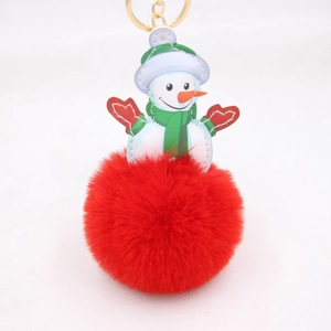 Detail of plush Christmas snowman keychain with red faux fur pompom and golden metal ring