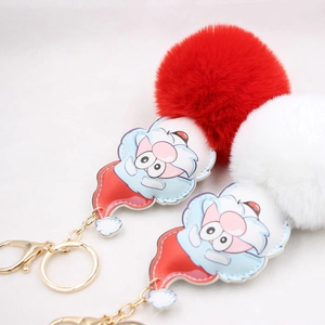 Christmas Santa pompom keychain set with red and white faux fur balls for bag decoration
