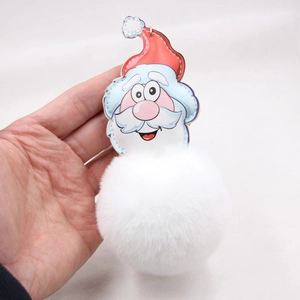 Close-up of Santa Claus PU leather charm with large white faux fur pompom and metal ring