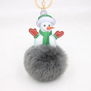Close-up of fluffy snowman keychain with gold ring and soft faux fur pompom ball