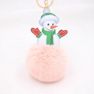 Detailed view of Christmas snowman pendant with pink faux fur pompom and golden keyring