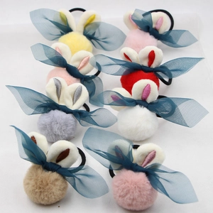 Chouchous peluche oreilles de lapin avec pompons et nœuds en maille pour filles