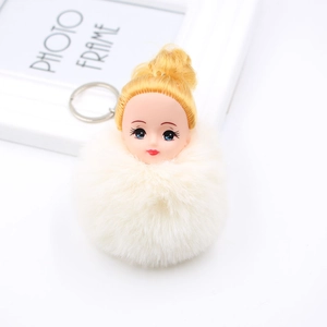 Détail d'un porte-clés pompon blanc avec tête de poupée blonde et anneau métallique