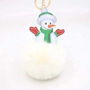Close-up of fluffy white faux fur snowball keychain with a cute Christmas snowman charm