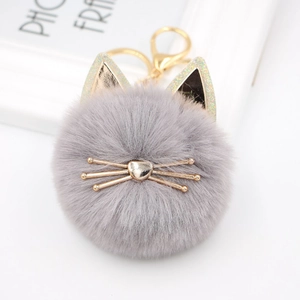 Detail of grey fluffy cat pompom keychain with golden whiskers and metal carabiner hook