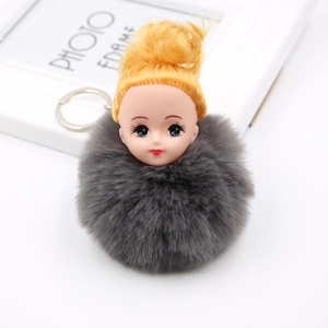 Détail d'un porte-clés poupée avec pompon gris foncé, chignon doré et anneau métallique
