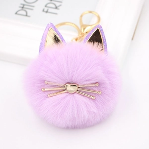 Detail of purple faux fur cat keychain with golden heart whiskers and sequined ears
