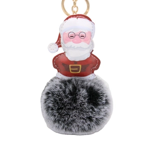 Portachiavi Babbo Natale in pelliccia sintetica con toppa in pelle rossa e oro