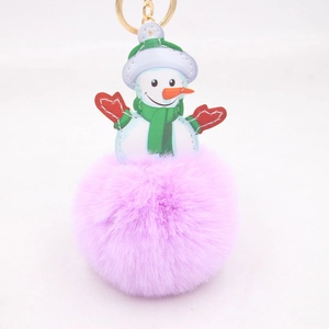 Christmas snowman plush ball keychain with purple faux fur pompom and gold ring