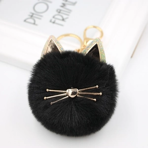Detailed close-up of a black cat plush keychain with golden ears and metal whiskers