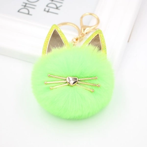 Detailed close-up of neon green cat plush keychain with golden ears and heart-shaped nose