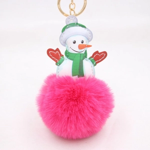 Detail of a plush snowman charm with a pink faux fur pompom and golden keyring