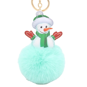 Plush Christmas snowman keychain with mint green faux fur ball and gold metal ring