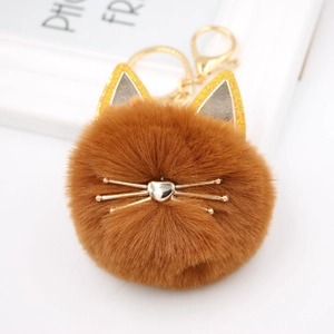 Macro detail of brown plush cat keychain with golden glitter ears and metallic whiskers