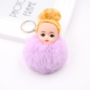 Détail d'un porte-clés boule en peluche avec tête de poupée aux cheveux dorés et anneau